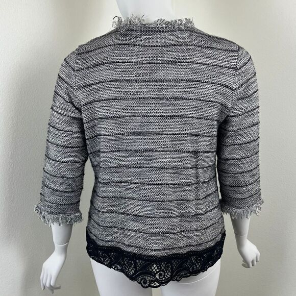 Chico's Womens Size 3 Black Gray Lace Tweed Fringe Cardigan Cotton Sweater - Picture 6 of 12